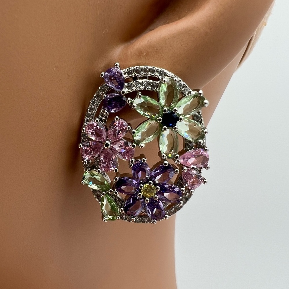 Green Pink Purple Floral Zircon Earrings